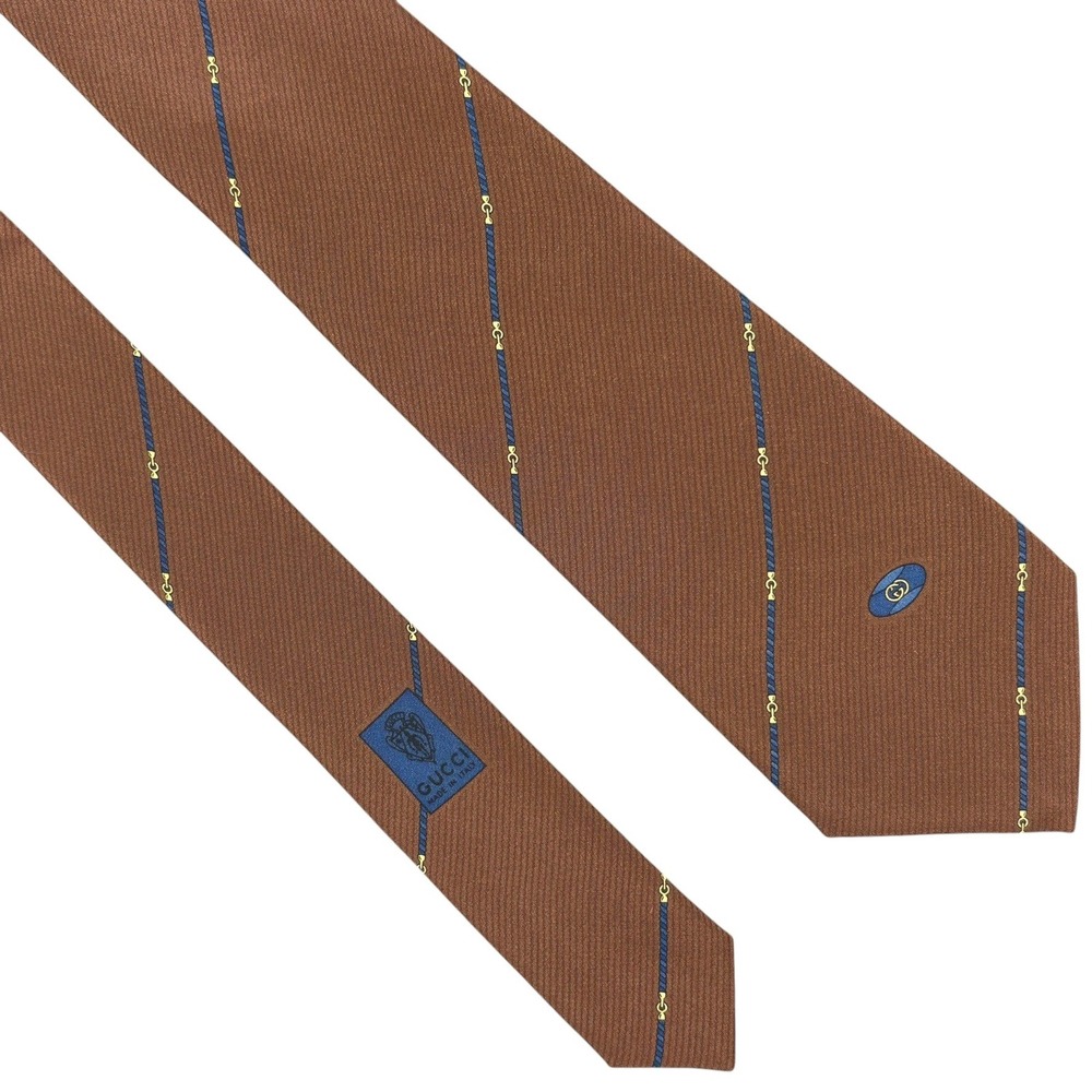Vintage 80s Gucci Silk Necktie Brown Blue Horsebit GG Logo Equestrian Italy NWT